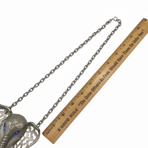 Vintage Signed Celebrity Elephant Necklace, Silver Tone Blue Rhinestone Eyes 70s - Picture 7 of 14